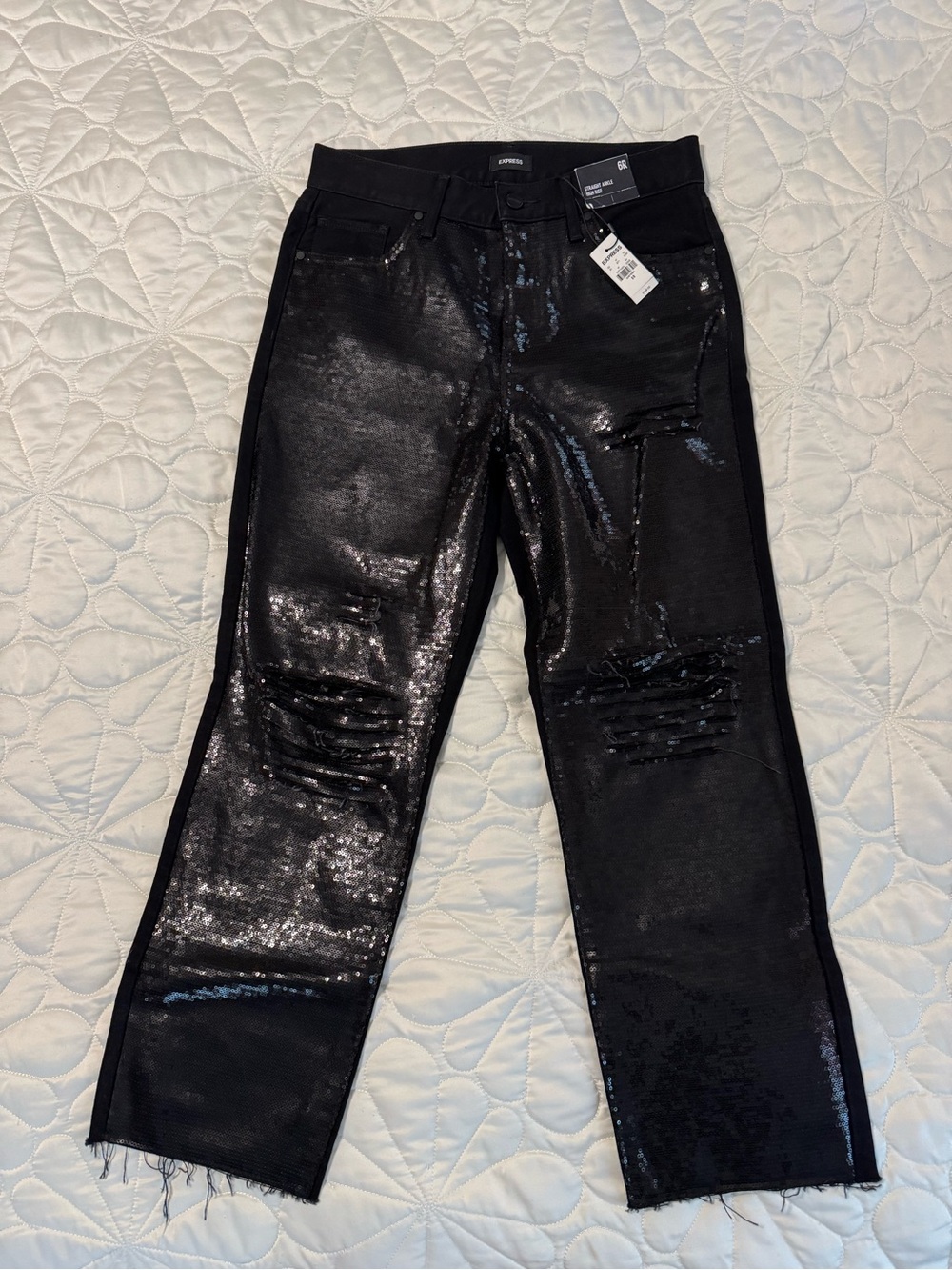 Express Black Sequin High-Rise Straight Ankle Jeans